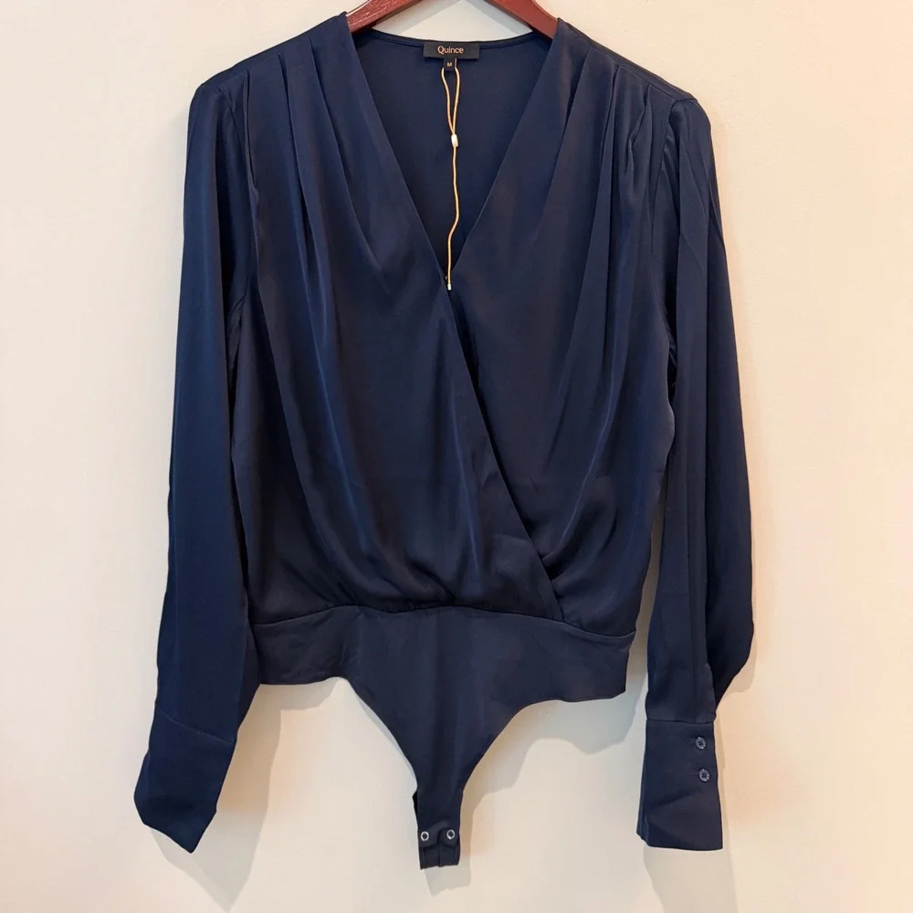 Quince Washable Stretch Silk Surplice Bodysuit Wrap Front Long Sleeve Date Navy